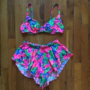 Vintage floral ruffle high waisted bikini S